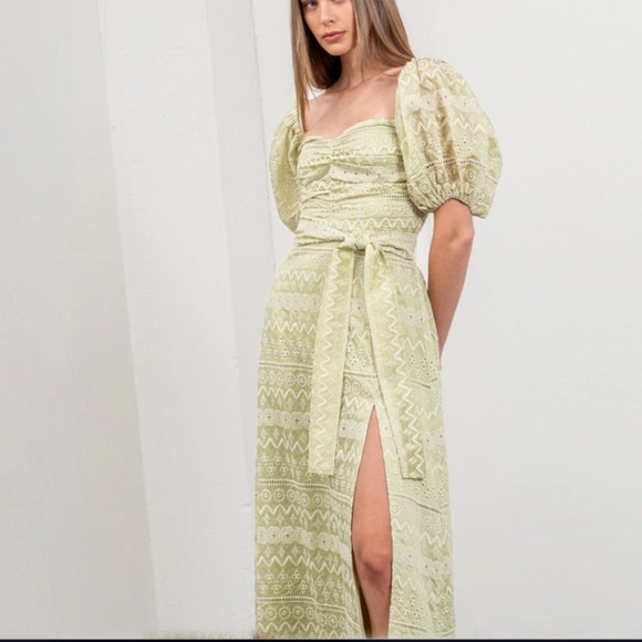 MOON RIVER Geo Pattern sweetheart Puff Sleeve Midi Dress Sage Green - M - Picture 4 of 15